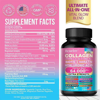 Collagen 64,000 mg - Extra Strength with Biotin & Keratin for Glamorous Hair & Nails